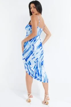 Blue Satin Brush Stroke Ruched Midi Dress -Glamourista 00100037587 XB
