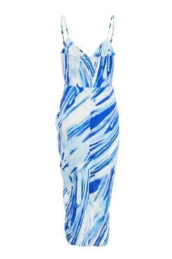 Blue Satin Brush Stroke Ruched Midi Dress -Glamourista 00100037587 ZB