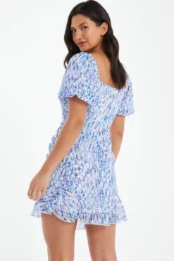 Blue Floral Puff Sleeve Mini Dress -Glamourista 00100037592 XB