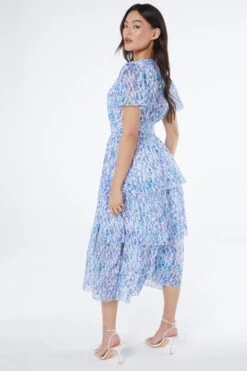 Blue Floral Tiered Wrap Midi Dress 8 Blue Floral Tiered Wrap Midi Dress -Glamourista 00100037596 XB