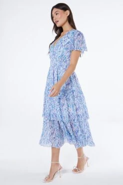 Blue Floral Tiered Wrap Midi Dress 9 Blue Floral Tiered Wrap Midi Dress -Glamourista 00100037596 XS