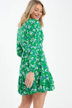 Green Floral Print Skater Mini Dress -Glamourista 00100037629 XB