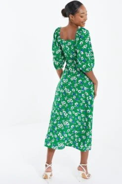 Green Floral Print Ruched Midi Dress 8 Green Floral Print Ruched Midi Dress -Glamourista 00100037630 XB