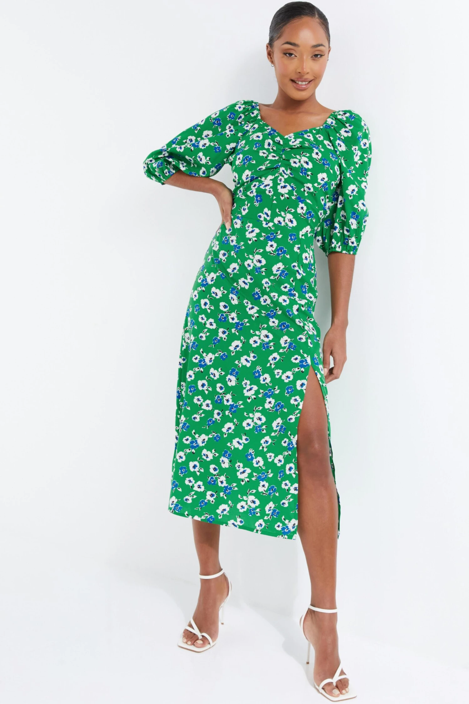 Green Floral Print Ruched Midi Dress 2 Green Floral Print Ruched Midi Dress - Image 2