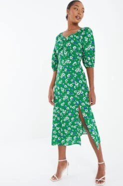Green Floral Print Ruched Midi Dress 9 Green Floral Print Ruched Midi Dress -Glamourista 00100037630 XS