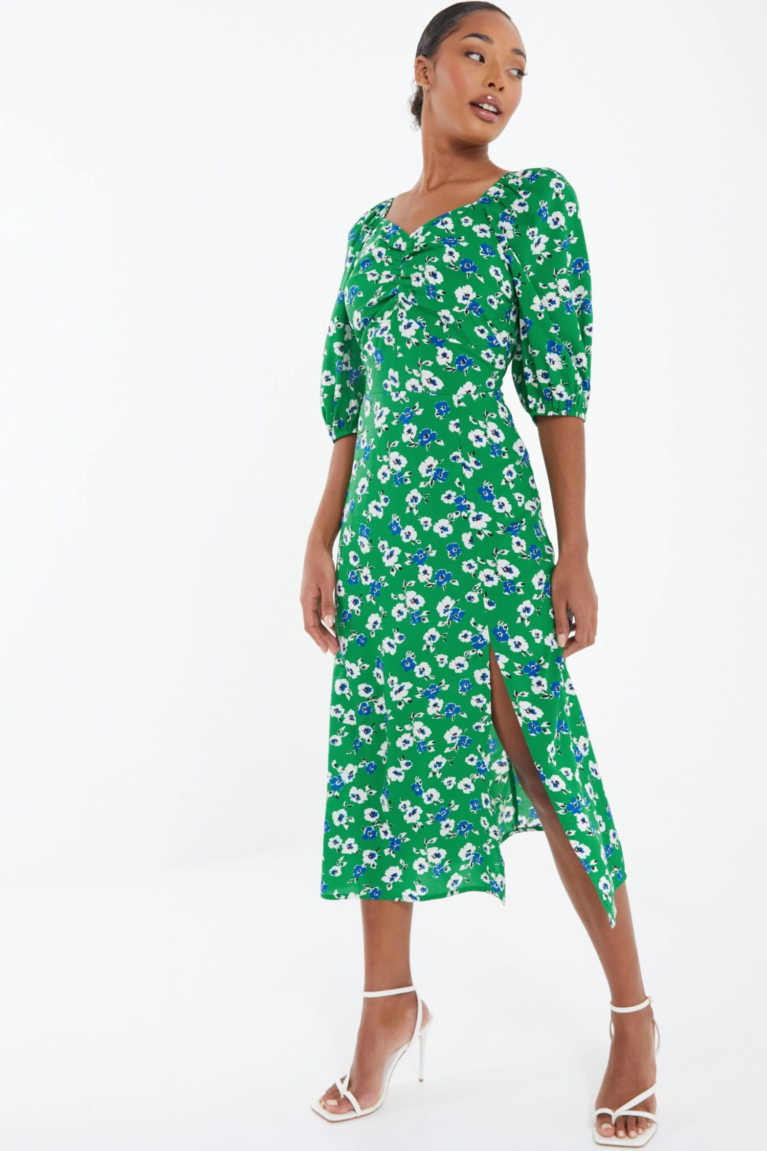 Green Floral Print Ruched Midi Dress 4 Green Floral Print Ruched Midi Dress - Image 4