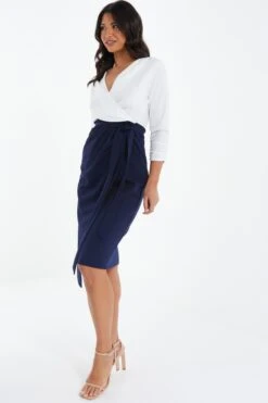 Navy Contrast Wrap Midi Dress -Glamourista 00100037632 XS