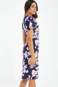 Petite Navy Floral Wrap Midi Dress -Glamourista 00100037688 XB