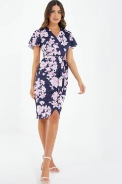 Petite Navy Floral Wrap Midi Dress -Glamourista 00100037688 XS