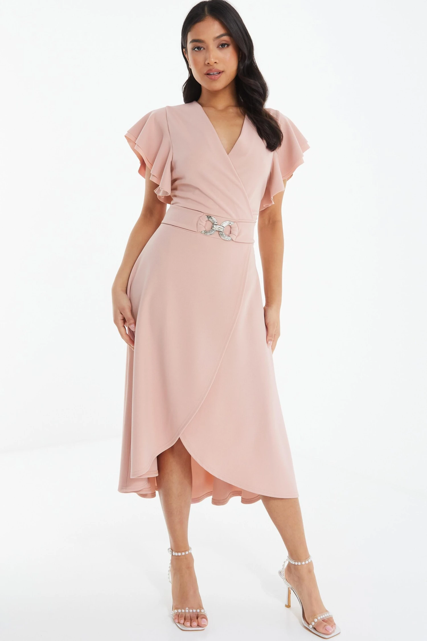 Petite Pink Wrap Dip Hem Midi Dress 2 Petite Pink Wrap Dip Hem Midi Dress - Image 2