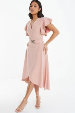 Petite Pink Wrap Dip Hem Midi Dress 9 Petite Pink Wrap Dip Hem Midi Dress -Glamourista 00100037689 XS