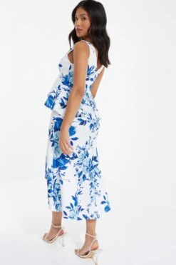 Petite Blue Floral Dip Hem Frill Midi Dress -Glamourista 00100037691 XB