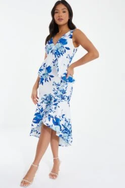 Petite Blue Floral Dip Hem Frill Midi Dress -Glamourista 00100037691 XS