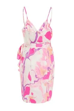 Pink Satin Marble Print Wrap Mini Dress -Glamourista 00100037700 ZB