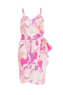 Pink Satin Marble Print Wrap Mini Dress