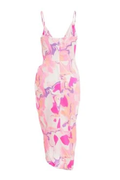 Pink Satin Marble Print Wrap Midi Dress -Glamourista 00100037701 ZB