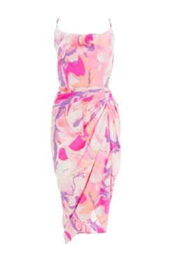 Pink Satin Marble Print Wrap Midi Dress