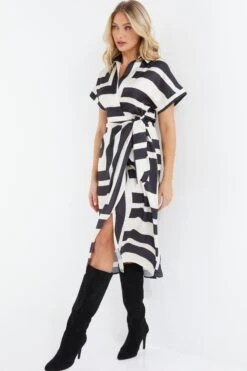 Stone Satin Stripe Print Midi Shirt Dress -Glamourista 00100037714 XS