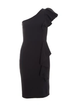 Petite Black One Shoulder Frill Midi Dress