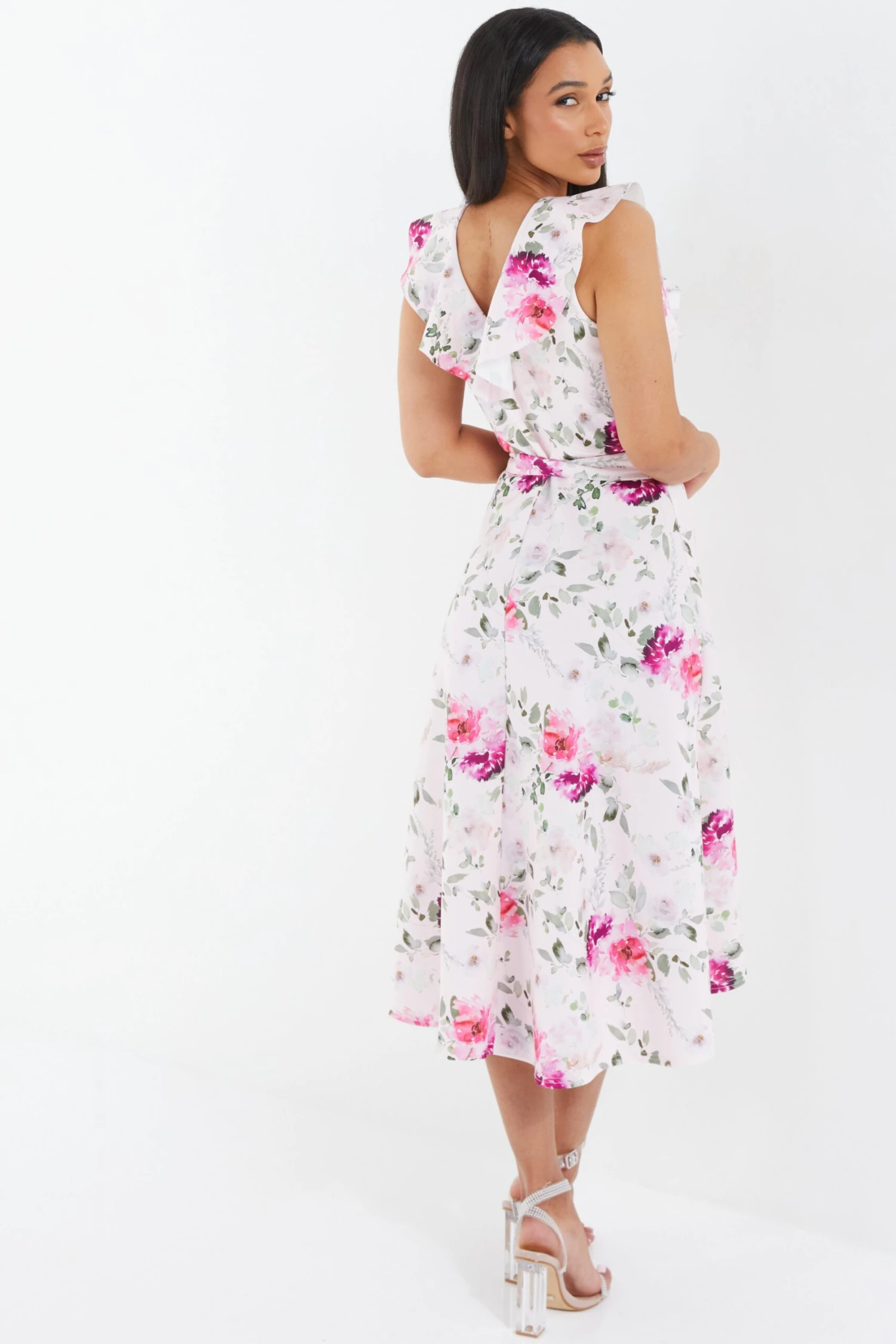 Light Pink Floral Dip Hem Midi Dress 3 Light Pink Floral Dip Hem Midi Dress - Image 3