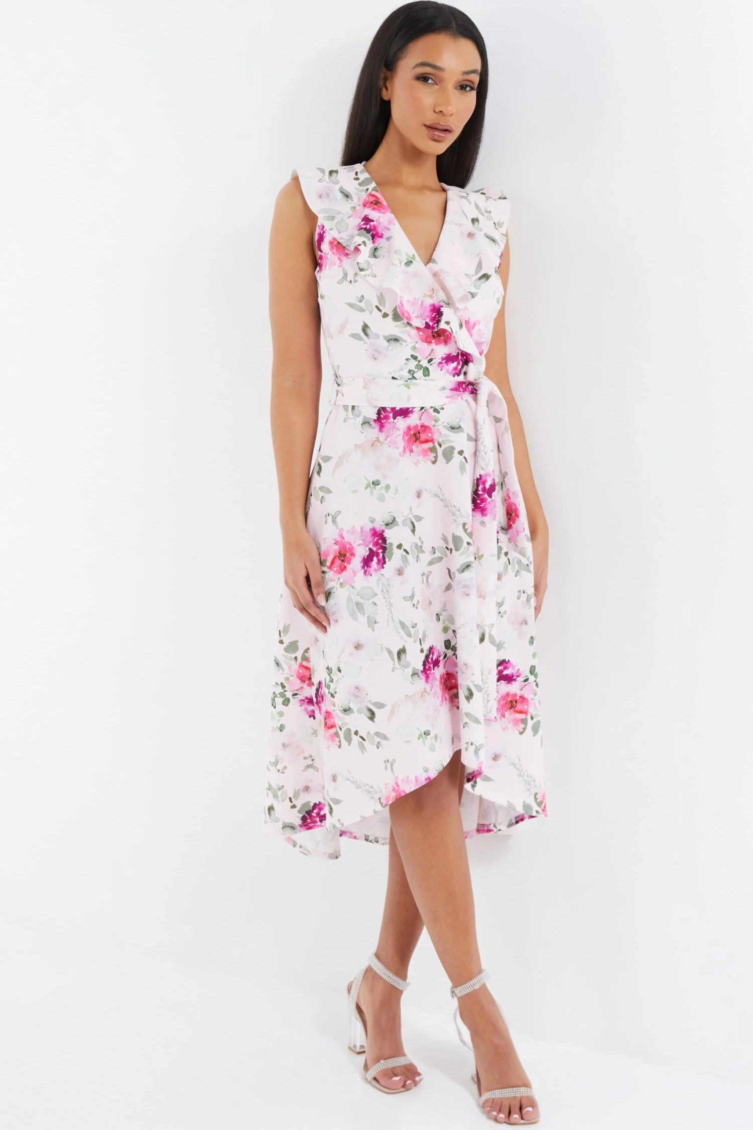 Light Pink Floral Dip Hem Midi Dress 2 Light Pink Floral Dip Hem Midi Dress - Image 2