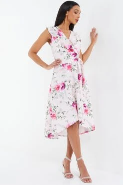 Light Pink Floral Dip Hem Midi Dress 9 Light Pink Floral Dip Hem Midi Dress -Glamourista 00100037776 XS