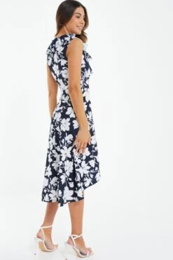 Petite Navy Floral Dip Hem Midi Dress -Glamourista 00100037780 XB