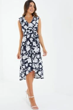 Petite Navy Floral Dip Hem Midi Dress -Glamourista 00100037780 XS