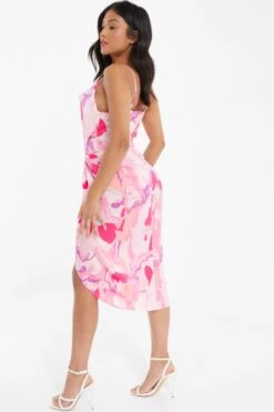 Petite Pink Satin Marble Print Wrap Midi Dress -Glamourista 00100037783 XB