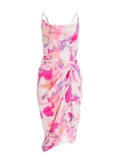 Petite Pink Satin Marble Print Wrap Midi Dress