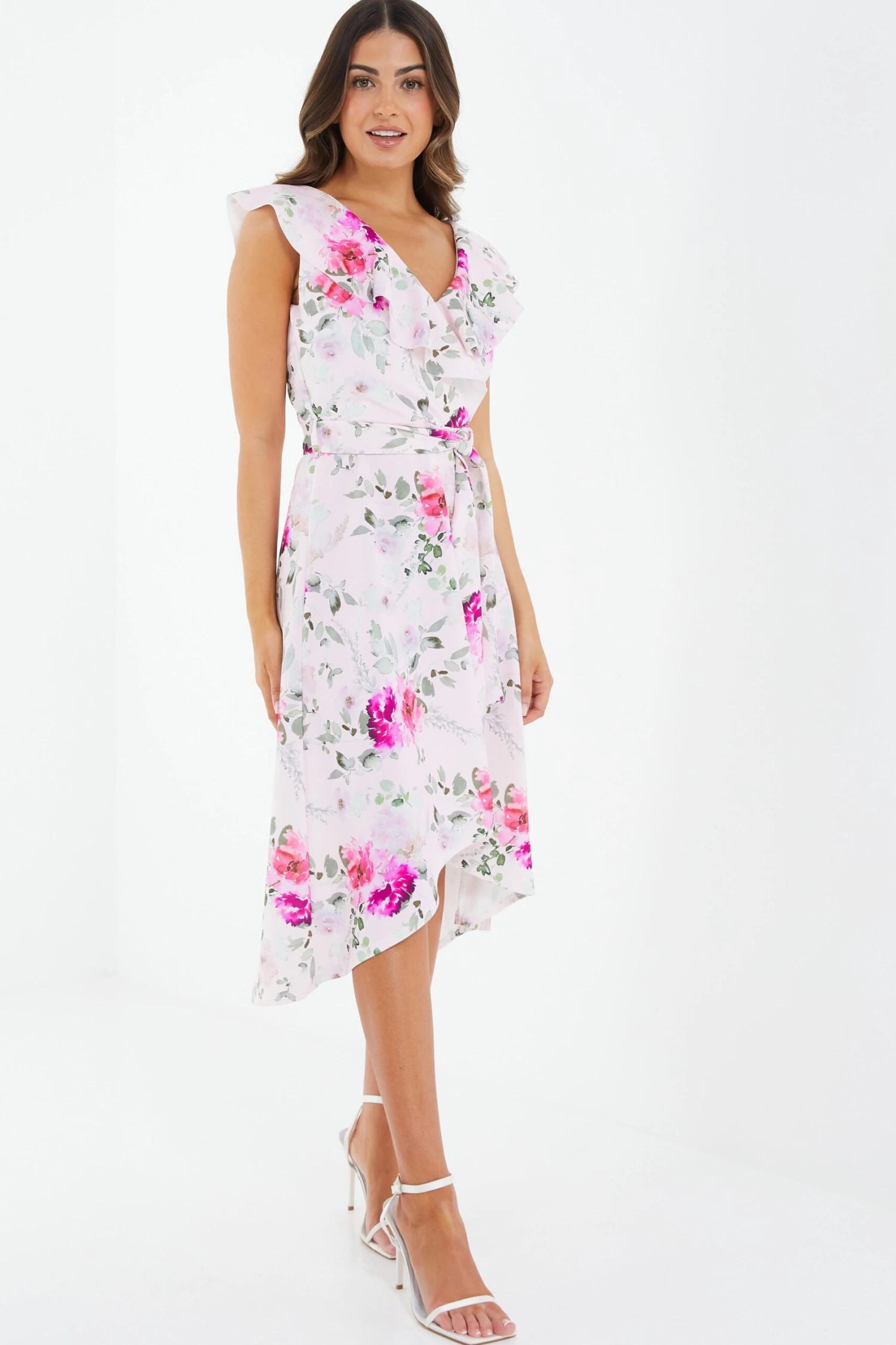 Petite Light Pink Floral Dip Hem Midi Dress 2 Petite Light Pink Floral Dip Hem Midi Dress - Image 2