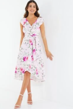 Petite Light Pink Floral Dip Hem Midi Dress 9 Petite Light Pink Floral Dip Hem Midi Dress -Glamourista 00100037791 XS