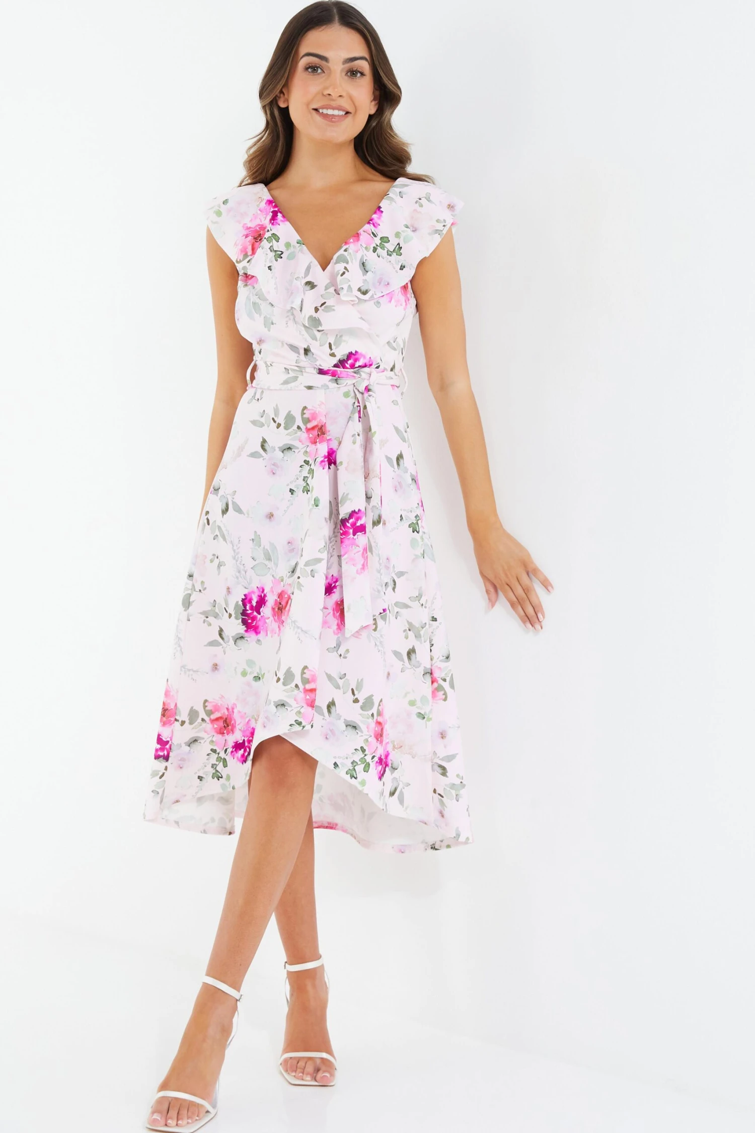 Petite Light Pink Floral Dip Hem Midi Dress 4 Petite Light Pink Floral Dip Hem Midi Dress - Image 4
