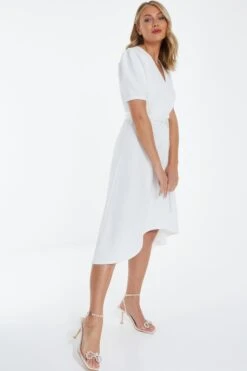 White Jacquard Print Dip Hem Midi Dress -Glamourista 00100037818 XS