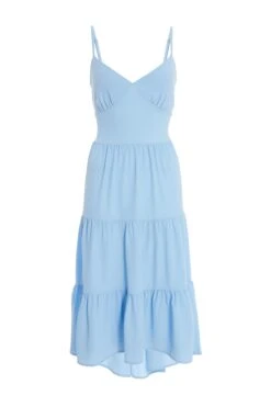 Light Blue Tiered Dip Hem Midi Dress