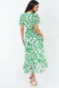 Green Tropical Print Wrap Midi Dress -Glamourista 00100037909 XB