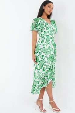 Green Tropical Print Wrap Midi Dress -Glamourista 00100037909 XS