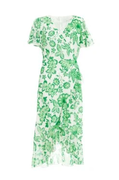 Green Tropical Print Wrap Midi Dress