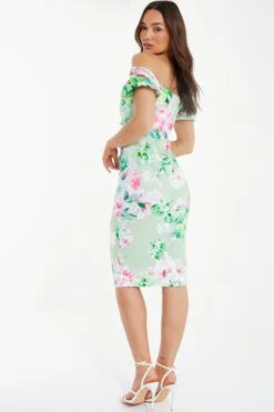 Light Green Floral Ruched Bardot Midi Dress -Glamourista 00100038046 XB
