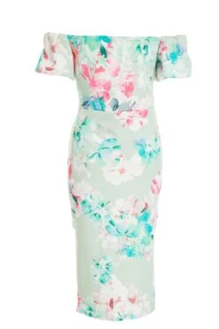 Light Green Floral Ruched Bardot Midi Dress -Glamourista 00100038046 ZB