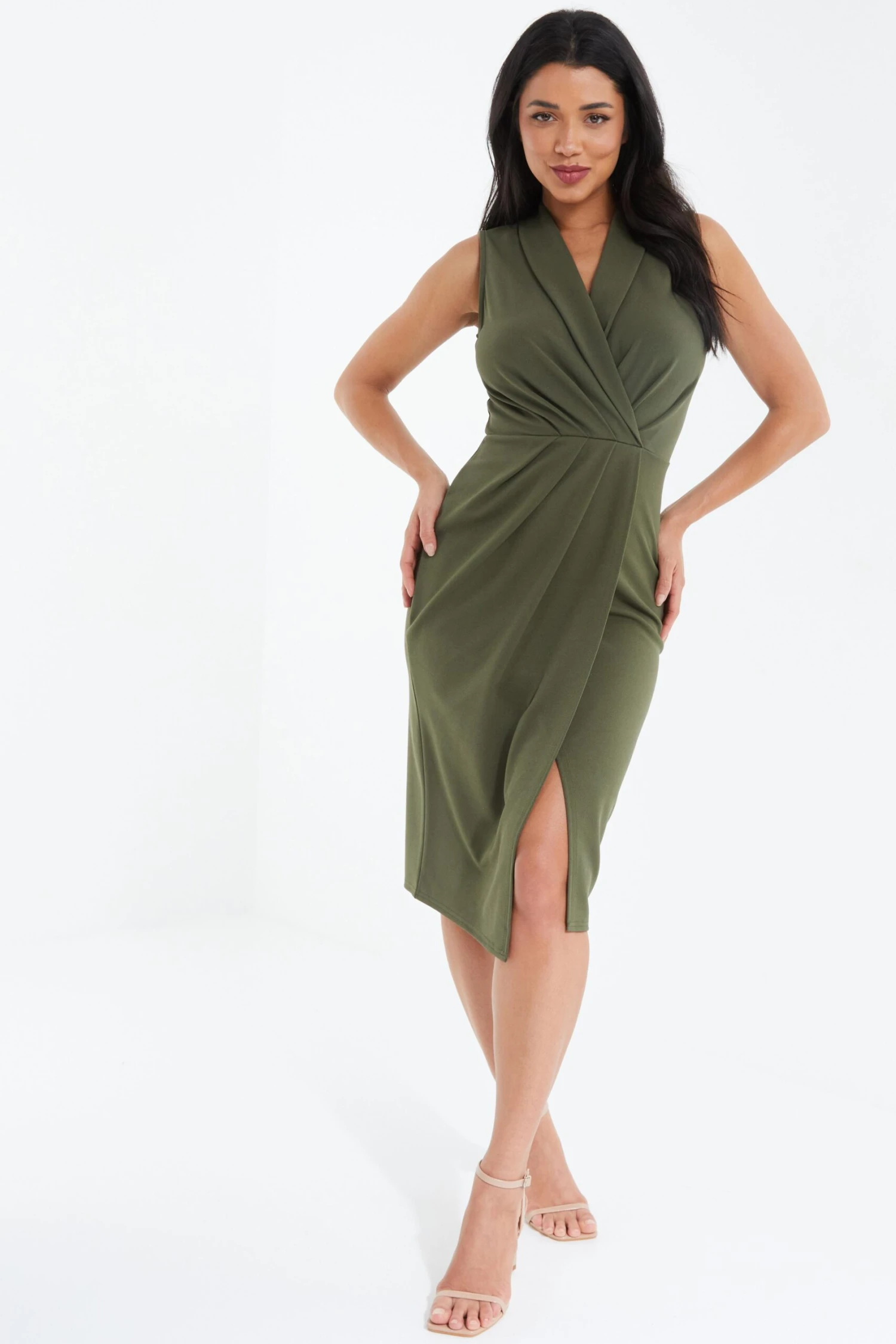 Khaki Wrap Sleeveless Midi Dress 2 Khaki Wrap Sleeveless Midi Dress - Image 2