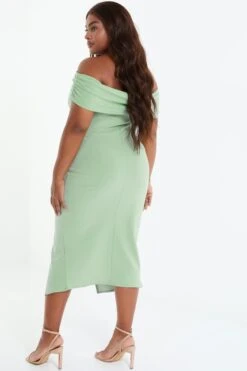 Curve Sage Ruched Bardot Midi Dress 8 Curve Sage Ruched Bardot Midi Dress -Glamourista 00100038095 XB