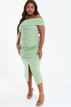 Curve Sage Ruched Bardot Midi Dress 9 Curve Sage Ruched Bardot Midi Dress -Glamourista 00100038095 XS