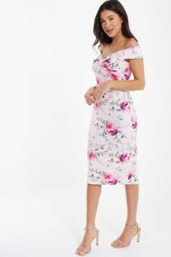 Light Pink Floral Bardot Midi Dress -Glamourista 00100038109 XS