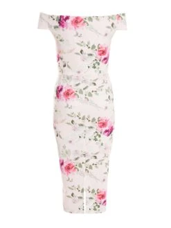 Light Pink Floral Bardot Midi Dress -Glamourista 00100038109 ZB