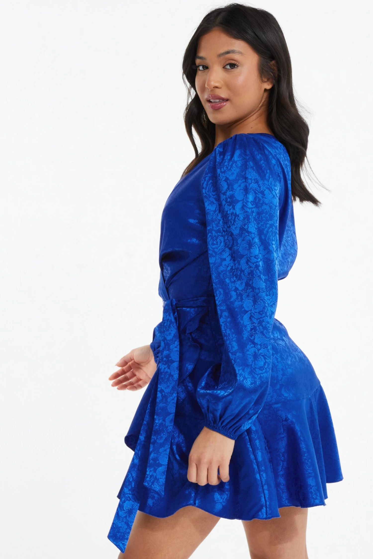 Petite Royal Blue Satin Jacquard Floral Mini Dress 3 Petite Royal Blue Satin Jacquard Floral Mini Dress - Image 3