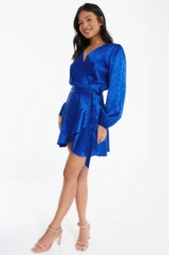 Petite Royal Blue Satin Jacquard Floral Mini Dress 9 Petite Royal Blue Satin Jacquard Floral Mini Dress -Glamourista 00100038115 XS
