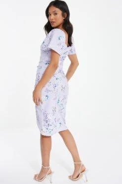 Petite Lilac Floral Ruched Mini Dress -Glamourista 00100038186 XB