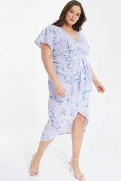 Curve Lilac Floral Wrap Midi Dress -Glamourista 00100038191 XS