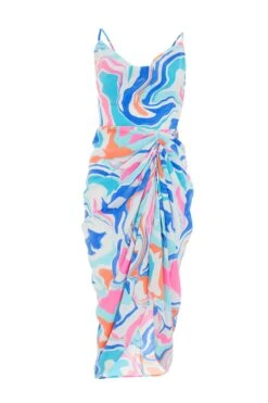 Multicolored Marble Print Ruched Midi Dress